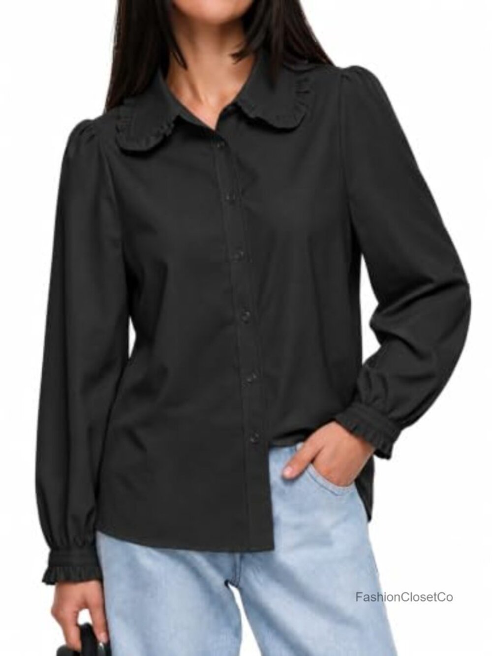 Peter Pan Collar Button Down Blouse Long Puff Sleeve Ruffle Trim